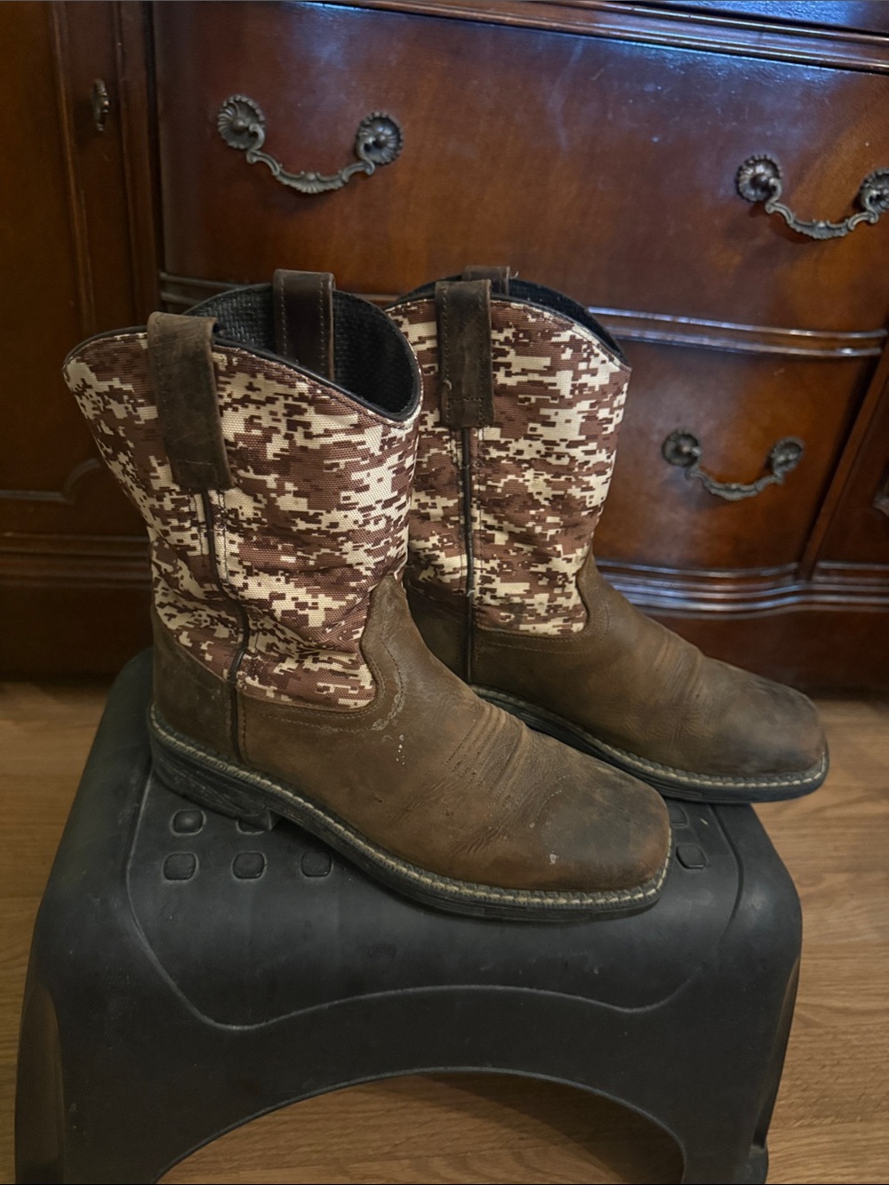 Old West Brown Leather & Camo Canvas Kids' Pull-On Boots